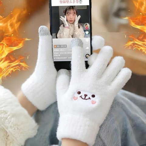 10 - 25 LEI - Manusi Dama, Flippy, Model Fata Zambitoare, Functie Touchscreen (ecran tactil), Material Lana Brodata, Manseta Elastica, Interior Pufos, Marime Universala, Alb