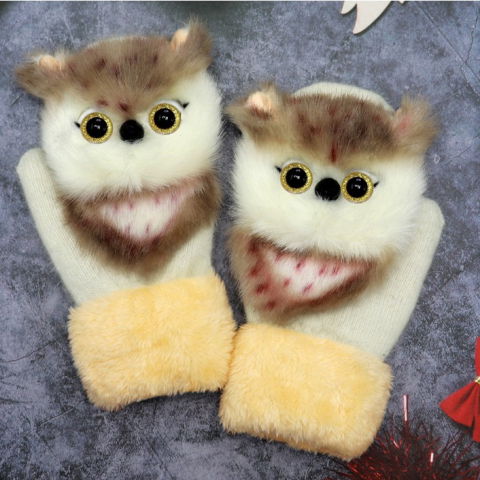 Perne Voiaj, Paturi si Textile - Manusi de Plus pentru Copii, Flippy, de Iarna, Groase, Moi, Calduroase, Model Animat Bufnita Alba