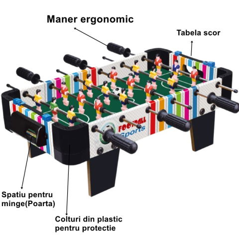 TeoMarket - Masa de fotbal cu teren si 18 jucatori Flippy, 6 manere, cu Tablou Scor, din Metal, Lemn si ABS, 51 x 44 x 17.5 cm, cu Picioare, Design Multicolor, pentru copii/adulti