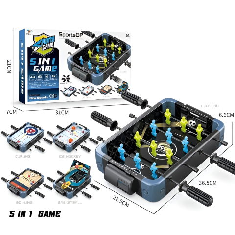 Import - Masa de Joc 5in1 Flippy, cu Teren Schimbabil de Fotbal, Basket, Bowling, Curling si Hockey, cu Tablou Scor, din ABS, 36.5x22.5x6.6 cm, Design Multicolor, pentru Copii/ Adulti