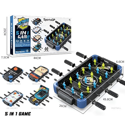 Import - Masa de Joc 5in1 Flippy, cu Teren Schimbabil de Fotbal, Basket, Bowling, Curling si Hockey, cu Tablou Scor, din ABS, 49.8x26x6.6 cm, Design Multicolor, pentru Copii/ Adulti