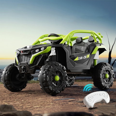 TeoMarket - Masina Electrica pentru Copii, Flippy, Tip Buggy/UTV Off-Road Dual Drive, Conectare Bluetooth, Telecomanda, Lumina Intermitenta si Muzica, Baterie 380*2, 6V 7Ah, 97 x 62 x 58 cm, Verde Negru