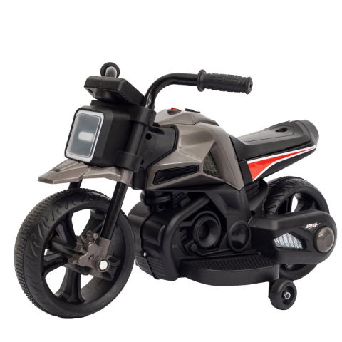 Masinute, Triciclete si Masinute Electrice - Motocicleta Electrica cu 2 Roti Mari si 2 Roti Ajutatoare, Flippy, Acumulator Incarcare, Anti-Rasturnare, Lumini, Muzica, Motor:380, Baterie 6V4.5, 41.5x70x34 cm, 4.5 Kg, 3 Ani+, Gri Negru