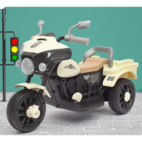 TeoMarket - Motocicleta Electrica Flippy, cu Acumulator, cu Sistem Anti-Rasturnare, Sistem de Lumini si Muzica, Cutie de Depozitare, 1-8 Ani, 93 x 43 x 58 cm, Alb - Bej