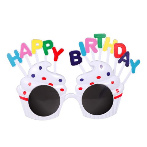 Accesorii Petrecere - Ochelari Happy Birthday, Flippy, Tematica Aniversare, Protectie Soare, din Plastic, Model Prajiturele, 18.5x11.5 cm, Alb