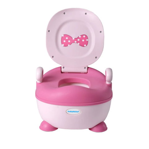 Articole pentru baie - Olita pentru Copii, Flippy, +1an, Portabila, Design cu Fundita, cu Capac, Model Prietenos, Non-Toxic, Compartiment Detasabil, cu Manere, cu 4 Picioare, Usor de Curatat, 46*33*32 cm, Roz