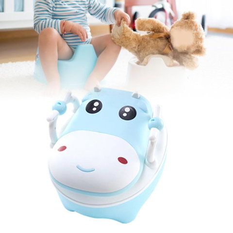 TeoMarket - Olita pentru Copii, Flippy, +1an, Portabila, Design Vacuta cu Capac, Model Prietenos, Non-Toxic, cu Manere, Compartiment Detasabil, Perie Inclusa, Usor de Curatat, Albastru