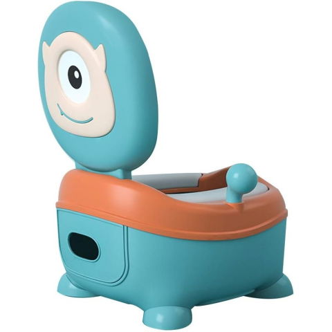 Articole pentru baie - Olita pentru Copii, Flippy, +6 luni, Compartiment Detasabil, cu Capac, Antiderapanta, din Plastic, Colac Moale, Model Animat Ciclop, cu Maner, 33 x 21 x 45 cm, Albastru/Portocaliu