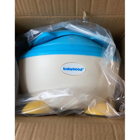 Articole pentru baie - Olita pentru Copii, Flippy, +6 luni, Compartiment Detasabil, cu Capac, Antiderapanta, din Plastic, Colac Moale, Model Animat Vulpe, cu Maner, 34.5 x 35 x 23 cm, Albastru/Alb