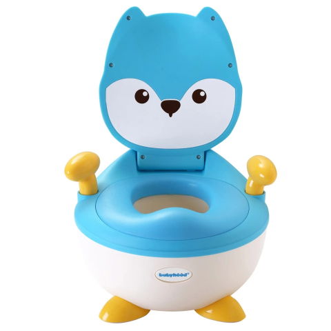 Articole pentru baie - Olita pentru Copii, Flippy, +6 luni, Compartiment Detasabil, cu Capac, Antiderapanta, din Plastic, Colac Moale, Model Animat Vulpe, cu Maner, 34.5 x 35 x 23 cm, Albastru/Alb