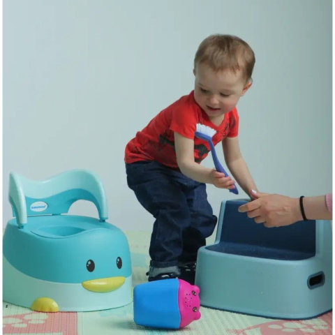 TeoMarket - Olita pentru Copii, Flippy, +6 luni, Detasabila, cu Capac, Antiderapanta, din Plastic, Colac Moale, Model Ratusca, 38x32x30 cm, Albastru