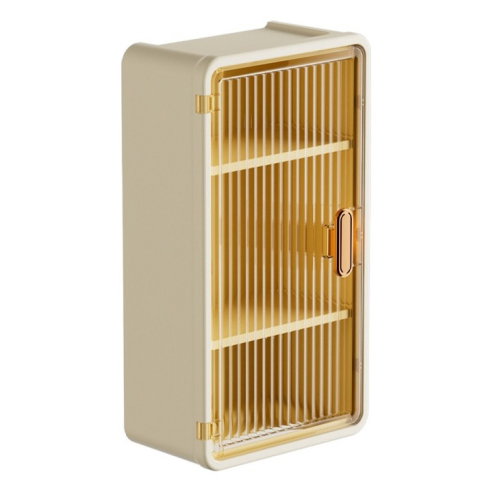 Best deals - Organizator Cosmetice, Flippy, Montare pe Perete fara Perforare, 36.5x10.9x20 cm, cu 3 Rafturi, din PP si ABS, Bej, Usa Transparenta