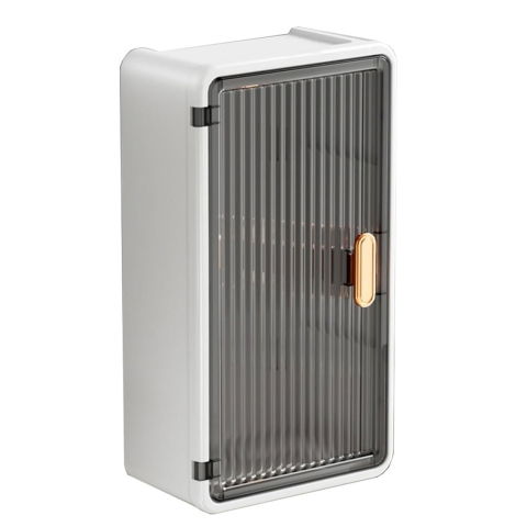 Articole pentru baie - Organizator Cosmetice, Flippy, Montare pe Perete fara Perforare, 36.5x10.9x20 cm, din PP si ABS, Alb-Negru, Usa Transparenta