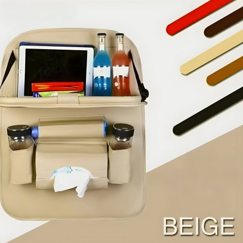 Best deals - Organizator Spate Scaun Auto, Flippy, Masa Pliabila, Piele Ecologica, Impermeabil, Suport pentru Tableta, Sortare Lucruri si Protejare Tapiterie, 40 x 63cm, Bej