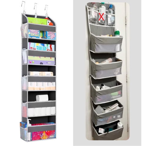 TeoMarket - Organizator Suspendat pentru Usi, Flippy, din Nailon si Plasa, Baza de Carton Ingrosat, 5 Buzunare Principale + 10 Buzunare Laterale, 140 x 39 x 17 cm, 3 Carlige Incluse, Gri