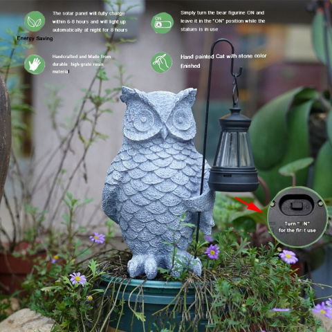 TeoMarket - Ornament de Decor pentru Gradina cu LED, Flippy, Model Bufnita cu Felinar, Decoratiune Exterioara pentru Casa si Gradina, din Rasina, 21.5x15 cm, Gri