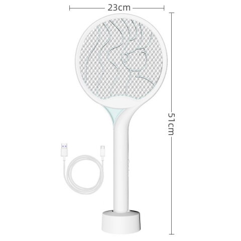 TeoMarket - Paleta Electrica pentru Tantari, Muste si Tantari 2in1, Flippy, Reincarcabila, Incarcare USB, 2600V, Plastic, Casa si Gradina, Anti-insecte, Stand, 23x51 cm, Alb