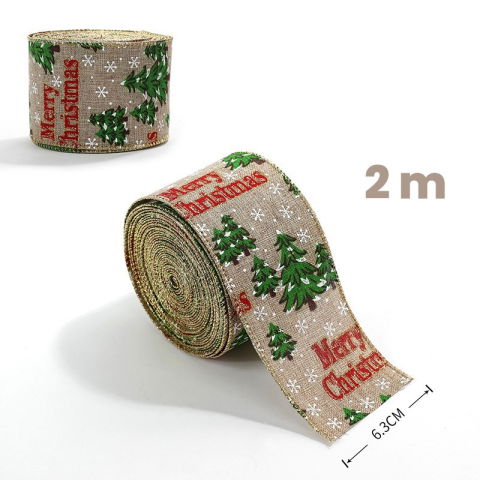 Panglica Decorativa - Panglica de Craciun pentru Decor Brad, Flippy, Panglica Decorativa de Craciun pentru Funde, Imprimeu Brazi Merry Christmas, 200 x 6.3 m, Khaki Verde Rosu