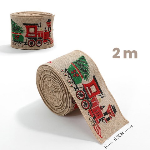 Best deals - Panglica de Craciun pentru Decor Brad, Flippy, Panglica Decorativa de Craciun pentru Funde, Imprimeu Trenulet, 200 x 6.3 m, Khaki