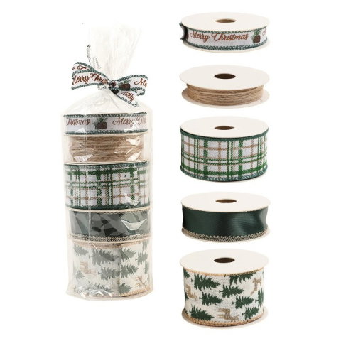 Best deals - Panglica Decorativa cu Tematica de Craciun, Flippy, Set din 4 bucat + 1 Rulon Ata Maro, Panglica pentru Cadou de Craciun Brad si Decor, 2 M per bucata, Model Brad, Alb Verde