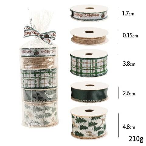 Best deals - Panglica Decorativa cu Tematica de Craciun, Flippy, Set din 4 bucat + 1 Rulon Ata Maro, Panglica pentru Cadou de Craciun Brad si Decor, 2 M per bucata, Model Brad, Alb Verde