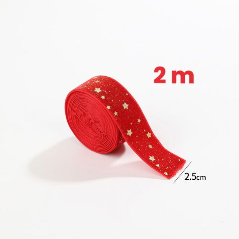 Panglica Decorativa - Panglica Decorativa de Craciun, Flippy, Panglica din Panza cu aspec de Catifea, Funda Ornament, Model cu Stele Aurii, Decor pentru Brad de Craciun, 200 x 2.5 cm, Rosu