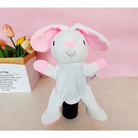 25 - 50 LEI - Papusa de Mana pentru Teatru de Papusi, Flippy, din Plus, 25 x 10 x 8 cm, Model Iepure, Alb/Roz