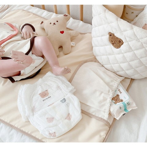 TeoMarket - Patura Multifunctionala, Flippy, pentru Schimbat Scutec, Impermeabila, din Bumbac, 50 x 70 cm, Portabila, Model Ursulet, Bej