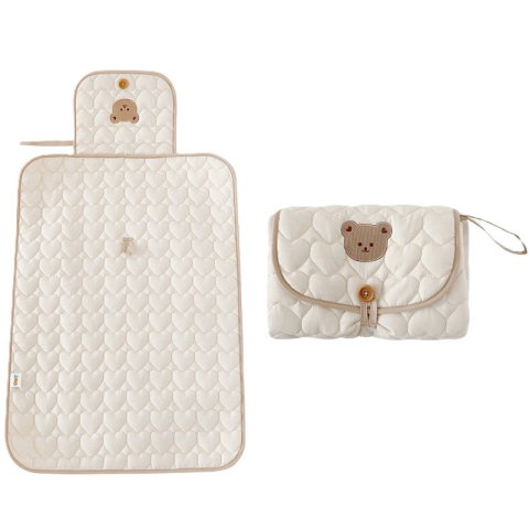 TeoMarket - Patura Multifunctionala, Flippy, pentru Schimbat Scutec, Impermeabila, din Bumbac, 50 x 70 cm, Portabila, Model Ursulet, Bej