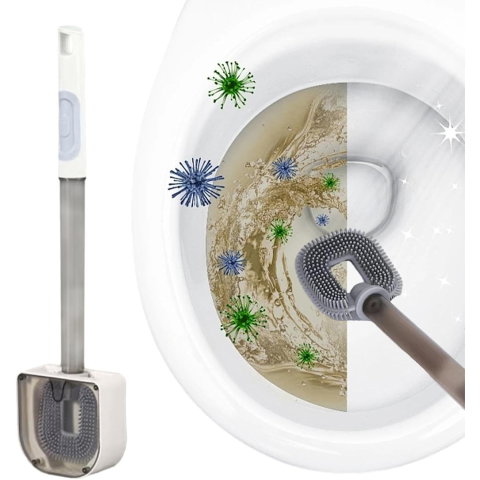 TeoMarket - Perie de Toaleta, Flippy, cu Recipient pentru Detergent, din Plastic+TPR, Montare fara Perforare, 40 x 9 cm, Alb