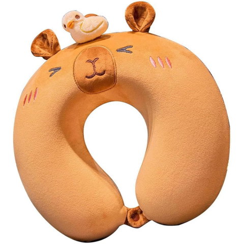 TeoMarket - Perna de Calatorie in Forma de U, Flippy, Pentru Gat si Cap, Umplutura din Spuma cu Memorie, 30x30 cm, Model Capybara, Accesoriu de Voiaj, Birou, Masina, Sistem Prindere Capse, Maro