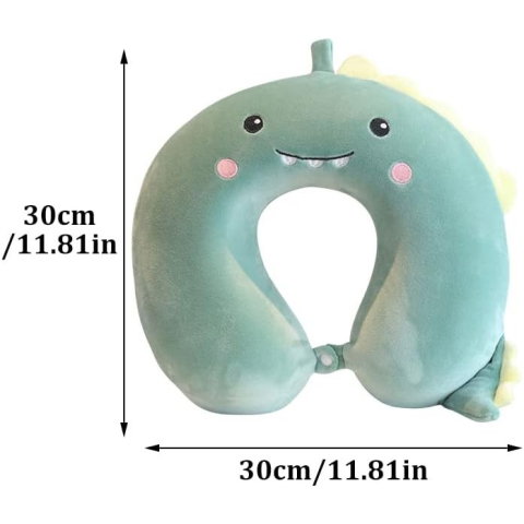 TeoMarket - Perna de Calatorie in Forma de U, Flippy, Pentru Gat si Cap, Umplutura din Spuma cu Memorie, 30x30 cm, Model Dinozaur, Accesoriu de Voiaj, Birou, Masina, Sistem Prindere Capse, Verde