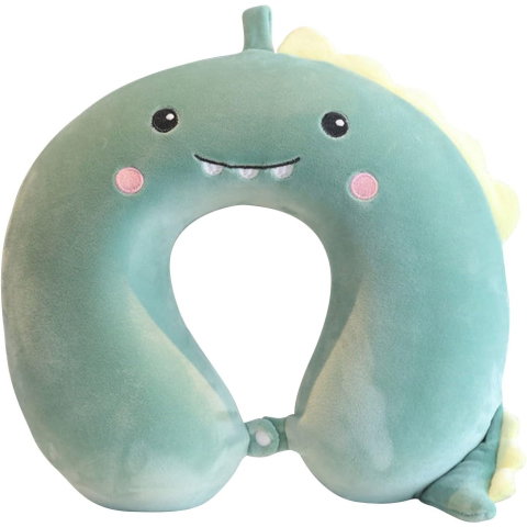 TeoMarket - Perna de Calatorie in Forma de U, Flippy, Pentru Gat si Cap, Umplutura din Spuma cu Memorie, 30x30 cm, Model Dinozaur, Accesoriu de Voiaj, Birou, Masina, Sistem Prindere Capse, Verde