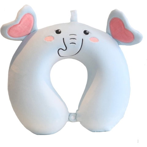 TeoMarket - Perna de Calatorie in Forma de U, Flippy, Pentru Gat si Cap, Umplutura din Spuma cu Memorie, 30x30 cm, Model Elefant, Accesoriu de Voiaj, Birou, Masina, Sistem Prindere Capse, Albastru