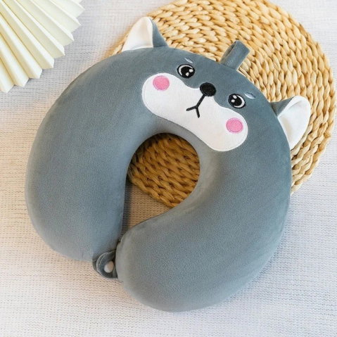 TeoMarket - Perna de Calatorie in Forma de U, Flippy, Pentru Gat si Cap, Umplutura din Spuma cu Memorie, 30x30 cm, Model Husky, Accesoriu de Voiaj, Birou, Masina, Sistem Prindere Capse, Gri