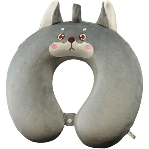 TeoMarket - Perna de Calatorie in Forma de U, Flippy, Pentru Gat si Cap, Umplutura din Spuma cu Memorie, 30x30 cm, Model Husky, Accesoriu de Voiaj, Birou, Masina, Sistem Prindere Capse, Gri