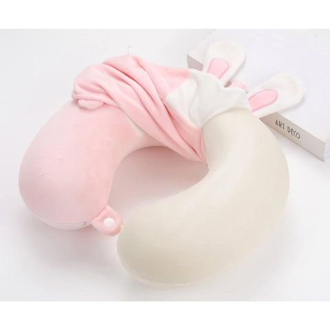 TeoMarket - Perna de Calatorie in Forma de U, Flippy, Pentru Gat si Cap, Umplutura din Spuma cu Memorie, 30x30 cm, Model Iepuras, Accesoriu de Voiaj, Birou, Masina, Sistem Prindere Capse, Roz-Alb
