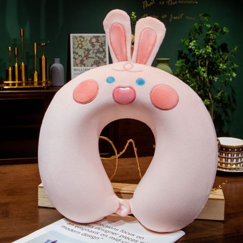 Perne Voiaj, Paturi si Textile - Perna de Calatorie in Forma de U, Flippy, Pentru Gat si Cap, Umplutura din Spuma cu Memorie, 30x30 cm, Model Iepuras, Accesoriu de Voiaj, Birou, Masina, Sistem Prindere Capse, Roz