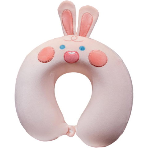 TeoMarket - Perna de Calatorie in Forma de U, Flippy, Pentru Gat si Cap, Umplutura din Spuma cu Memorie, 30x30 cm, Model Iepuras, Accesoriu de Voiaj, Birou, Masina, Sistem Prindere Capse, Roz