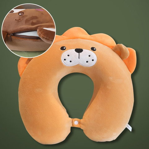 TeoMarket - Perna de Calatorie in Forma de U, Flippy, Pentru Gat si Cap, Umplutura din Spuma cu Memorie, 30x30 cm, Model Leu, Accesoriu de Voiaj, Birou, Masina, Sistem Prindere Capse, Maro