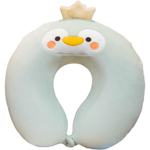 TeoMarket - Perna de Calatorie in Forma de U, Flippy, Pentru Gat si Cap, Umplutura din Spuma cu Memorie, 30x30 cm, Model Pinguin, Accesoriu de Voiaj, Birou, Masina, Sistem Prindere Capse, Verde
