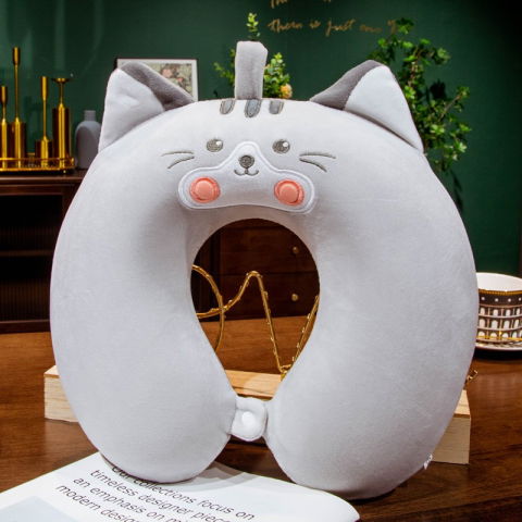 Perne Voiaj, Paturi si Textile - Perna de Calatorie in Forma de U, Flippy, Pentru Gat si Cap, Umplutura din Spuma cu Memorie, 30x30 cm, Model Pisica, Accesoriu de Voiaj, Birou, Masina, Sistem Prindere Capse, Gri