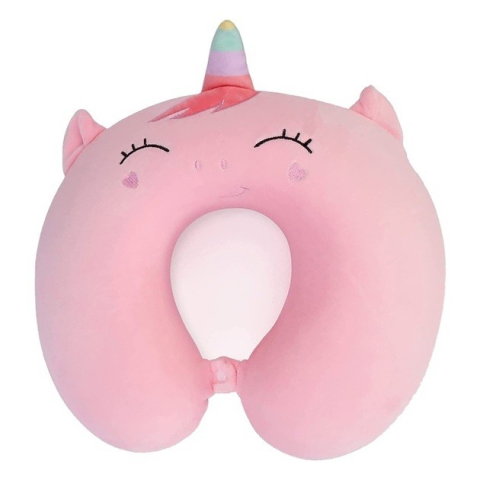 TeoMarket - Perna de Calatorie in Forma de U, Flippy, Pentru Gat si Cap, Umplutura din Spuma cu Memorie, 30x30 cm, Model Unicorn, Accesoriu de Voiaj, Birou, Masina, Sistem Prindere Capse, Roz
