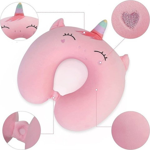 TeoMarket - Perna de Calatorie in Forma de U, Flippy, Pentru Gat si Cap, Umplutura din Spuma cu Memorie, 30x30 cm, Model Unicorn, Accesoriu de Voiaj, Birou, Masina, Sistem Prindere Capse, Roz