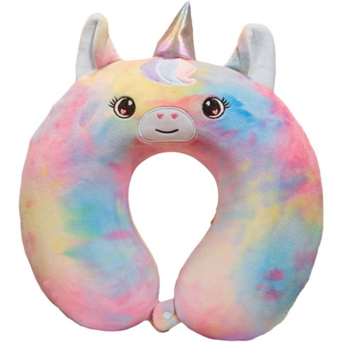 TeoMarket - Perna de Calatorie in Forma de U, Flippy, Pentru Gat si Cap, Umplutura din Spuma cu Memorie, 30x30 cm, Model Unicorn, Accesoriu de Voiaj, Birou, Masina, Sistem Prindere Capse, Multicolor