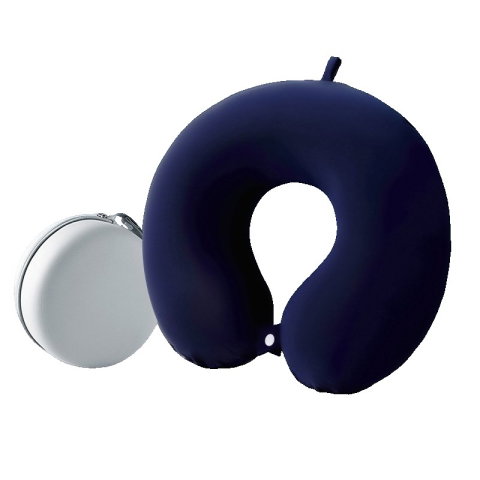 TeoMarket - Perna de Calatorie in Forma de U, Flippy, Pentru Gat si Cap, Umplutura din Spuma cu Memorie, 30x30 cm, Sistem Prindere Capse, Cutie de Depozitare, Albastru Marin