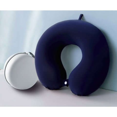 TeoMarket - Perna de Calatorie in Forma de U, Flippy, Pentru Gat si Cap, Umplutura din Spuma cu Memorie, 30x30 cm, Sistem Prindere Capse, Cutie de Depozitare, Albastru Marin