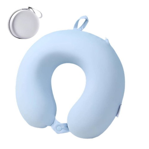 TeoMarket - Perna de Calatorie in Forma de U, Flippy, Pentru Gat si Cap, Umplutura din Spuma cu Memorie, 30x30 cm, Sistem Prindere Capse, Cutie de Depozitare, Bleu