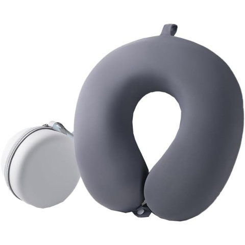 TeoMarket - Perna de Calatorie in Forma de U, Flippy, Pentru Gat si Cap, Umplutura din Spuma cu Memorie, 30x30 cm, Sistem Prindere Capse, Cutie de Depozitare, Gri