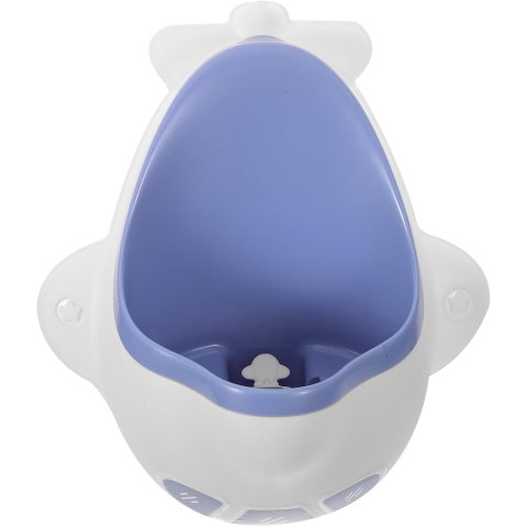 TeoMarket - Pisoar pentru Baieti, Flippy, 0-8 Ani, in Forma de Avion, Perie Inclusa, Montare pe Perete, Carlig Autoadeziv Inclus, 29 x 33.5 cm, Alb/Albastru